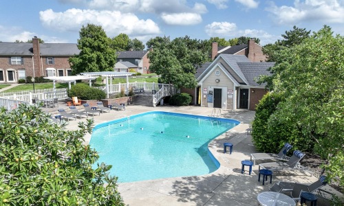 a swimming pool in a courtyard with many trees