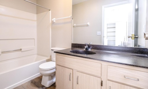 a bathroom with a dark countertop